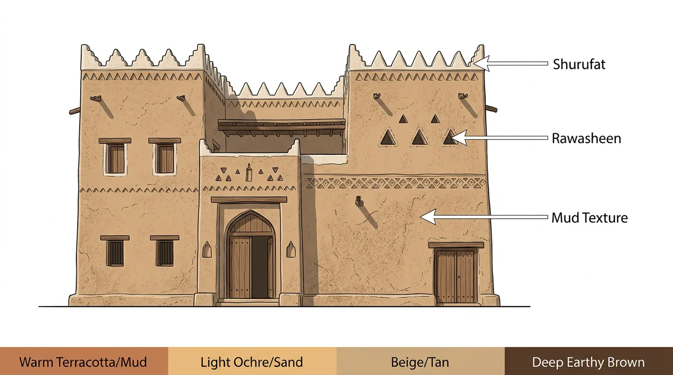 Architectural educational board analyzing traditional Najdi facade elements