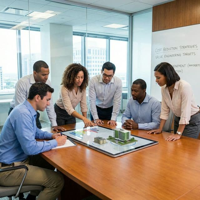 مهندسون يناقشون تكاليف وخرائط المشروع